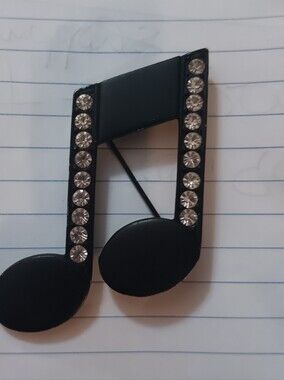 VINTAGE Black Musical Note Broach/pin Charm On Metal/with Rhinestones
